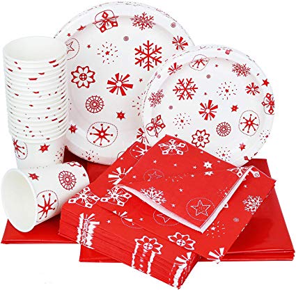 Galashield Christmas Disposable Dinnerware Set Supplies for 30 Guests Includes Paper Plates, Cups, Napkins, and Tablecloths