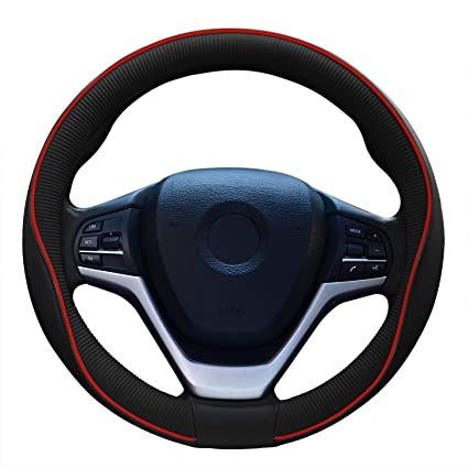 Fiber Leather Car Steering Wheel Cover, Universal 15 Inch Auto for Men Durable & No Smell（Black and Black）