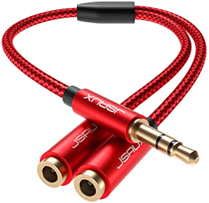 JSAUX Headphone Splitter 4ft, Audio Splitter 3.5mm Male TRS to 2 Dual 3.5mm Female Adapter Nylon-Braided Stereo Y Splitter for iPhone, Samsung, Tablets, Laptop, Playstation and More [Red]