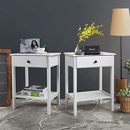 JAXPETY 2-Tier End Table with Drawer Storage Shelf, Nightstands Bedside Accent Table for Home Bedroom Office (Set of 2, White)