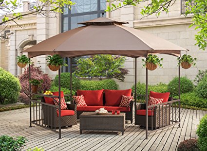 Sunjoy D-GZ076PST-D 11.4’ X 13.2’ Madison Pavilion Hex Shape Soft Top Gazebo with Serving Shelf