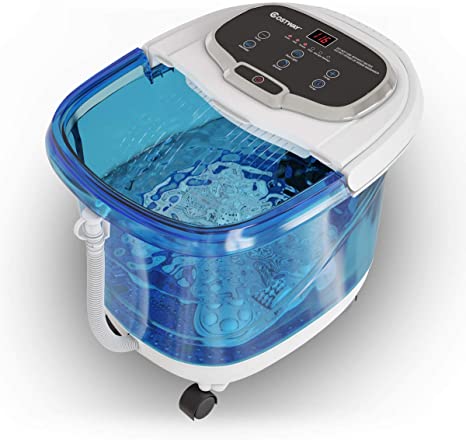 COSTWAY Foot Spa/Bath Massager, with Motorized Rollers, Shiatsu Massage, Shower, Heat, Red Light, Temperature Control, Timer, LED Display, Drainage Pipe for Foot Stress Relief (Blue)