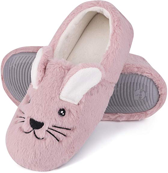 Ladies' Soft Faux Cute Animal Memory Foams Loafer Slippers Plush House Shoes w/Anti-Skid Rubber Sole