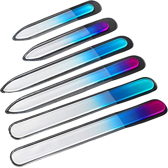 6 Pieces Glass Nail File and Buffer Crystal Glass Finger Nail Files Multi-Size Double Sided Nail Buffers Colorful Glass Manicure Nail File Buffers in Velvet Pouch for Nail Care Tools