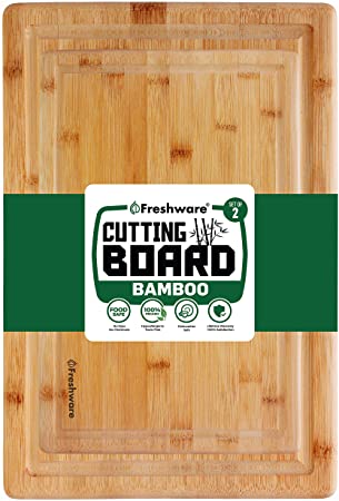 Cutting Boards for Kitchen [Bamboo, Set of 2] Eco-Friendly Wood Cutting Board for Chopping Meat, Vegetables, Fruits, Cheese, Knife Friendly Serving Tray with Handles, 100% Natural Bamboo