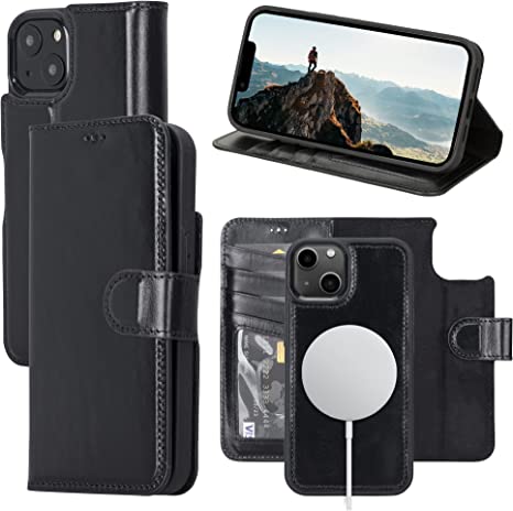 OXA Leather iPhone 13 Case Wallet, iPhone Leather Wallet Case Flip Cover with Card Holder, RFID Blocking, Detachable Leather Wallet Case with Kickstand and Card Slot, Compatible with Magsafe(Black)