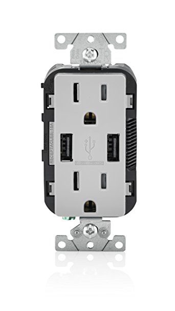 Leviton T5632-GY 15-Amp USB Charger/Tamper Resistant Duplex Receptacle, Gray