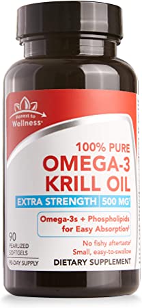 Omega-3 Krill Oil 500mg Supplement by Honest To Wellness - 100% Pure Extra Strength Pearlized Softgels - Contains Omega-3 Fatty Acids DHA and EPA - No Fishy Aftertaste 90 Count (90 Day Supply)