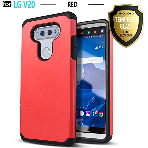 LG V20 Case, Starshop [Shock Absorption] Dual Layers Impact Advanced Protective Cover With [0.33m 9H Tempered Glass Screen Protector Included] For LG V20 [Red]