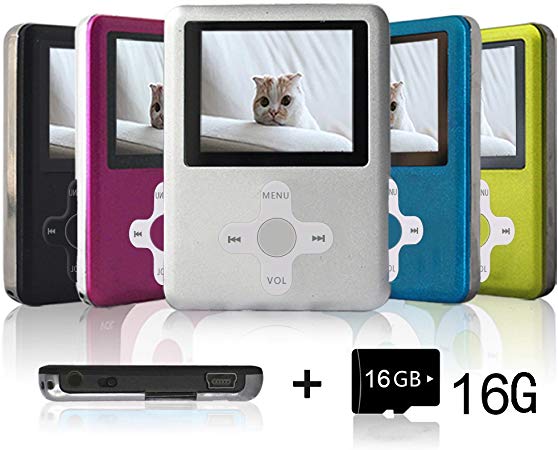 Lecmal Portable MP3 Player MP4 Player with 16Gb Micro SD Card and FM Radio Function, Multifunctional Music Player with Mini USB Port, Mp3 Voice Recorder, Media Player for Kids-Silver
