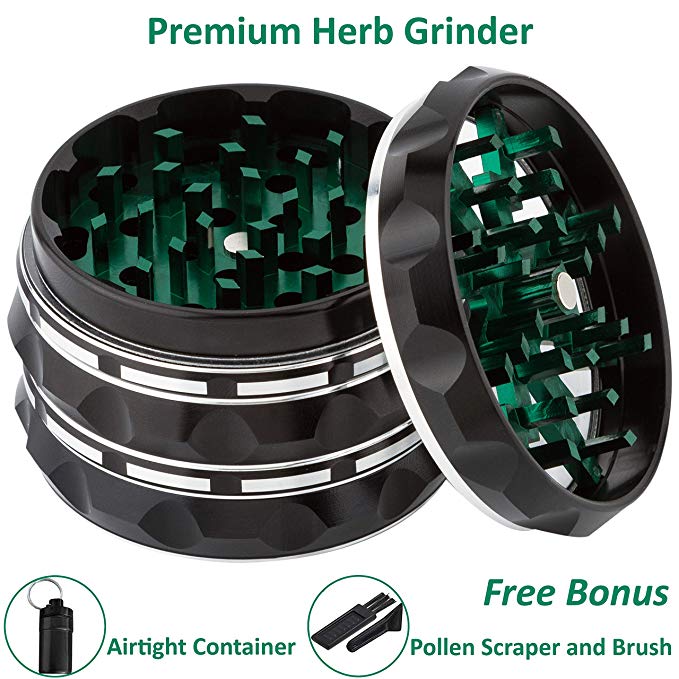Herb Grinder 4 Piece 2.3 Inch - Metal Spice Grinders Set with Mini Scraper and Brush and Storage Container - Premium Aluminum Kitchen Mill for Spices - Fine Tea Shredder - Manual Dry Herbs Crusher
