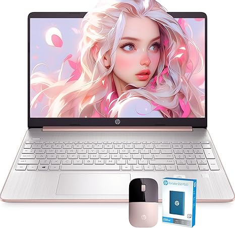 HP Newest 15.6" Rose Gold Laptop, 16GB Memory, 512GB SSD Storage, AMD Ryzen 3 3250U, Fingerprint Reader, SD Card Reader, HDMI, Webcam, Windows 11 Home, Bundled 250GB Portable SSD & Wireless Mouse