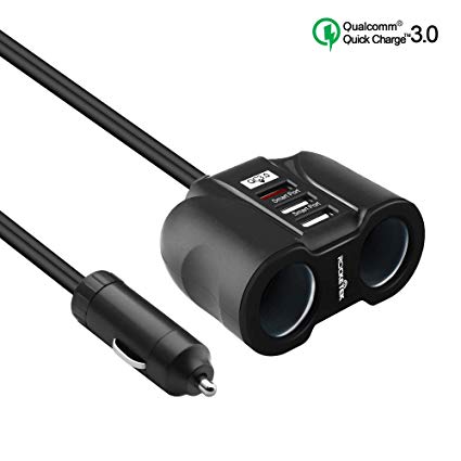 Rocketek 2-Socket 3-Port USB Car Charger Splitter Adapter, 120W 12V/24V DC Outlet Multi Socket Car Cigarette Lighter USB with 2-Port 3.1A & 1-Port QC3.0 Car Charger Power Outlet Splitter Extender