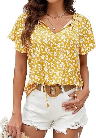 Angashion Women's Summer Tops Casual Floral Print V Neck Ruffle Short Sleeve Loose Tunic T Shirt Blouse