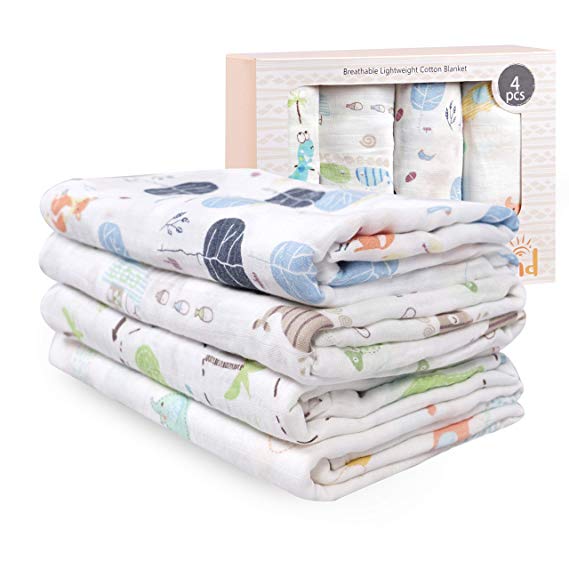 Muslin Swaddle Blanket | 70% Bamboo 30% Cotton Baby Receiving Blanket Swaddle Wrap for Newborns with Gift Box | 4 Packs 47 X 47 inch Muslin Towel | Cactus, Fox, Whale, Dinosaur
