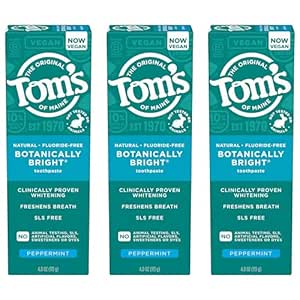 Tom’s of Maine Botanically Bright Natural Whitening Toothpaste, Fluoride Free and SLS Free, Vegan, Peppermint, 3 Pack, 4.0 Oz