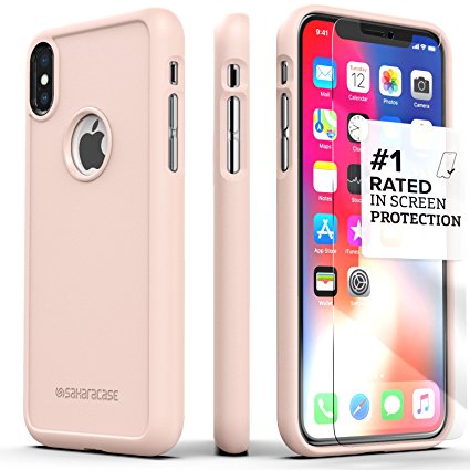 iPhone X Case, SaharaCase dBulk Protection Kit with [ZeroDamage Tempered Glass Screen Protector] Slim Fit Anti-Slip Grip [Shockproof Bumper with Hard Back] - Rose Gold