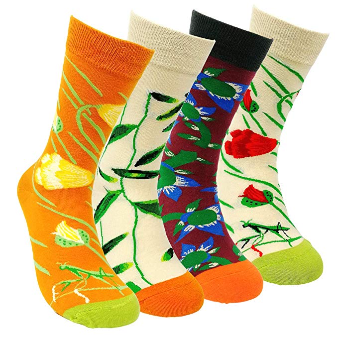 Womens Colorful Dress Crew Socks - HSELL Flower Van Gogh Funky Patterned Casual Cotton Socks