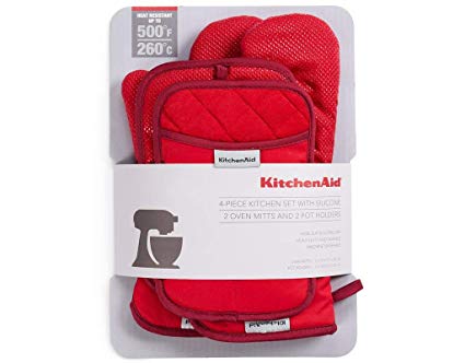 KitchenAid 4 Piece Kitchen Set w/Silicone 2 Oven Mitts, 2 Pot Holders (Red/Red)