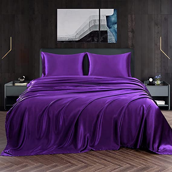 Homiest 4pcs Satin Sheets Set Luxury Silky Satin Bedding Set with Deep Pocket, 1 Fitted Sheet   1 Flat Sheet   2 Pillowcases (King Size, Purple)