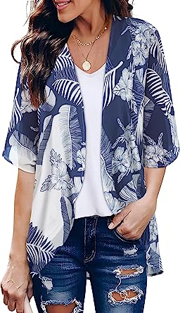 Women's Floral Print Puff Sleeve Kimono Cardigan Loose Cover Up Casual Blouse Tops