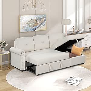 Harper & Bright Designs 83" Modern Sleeper Sofa Bed, Convertible Sectional Couch, 3-Seater L-Shape Corner Couch with Storage Chaise for Living Room/Apartment, Beige