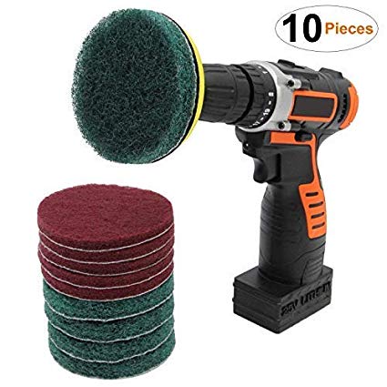 Cooptop 10 Pieces 4 Inch Drill Scouring Pads Cleaning Kit - Two Kinds of Abrasive Buffing Pads - 5 Red Pads and 5 Stiff Green Drill Scrub Pads - Heavy Duty Household Cleaning Tool