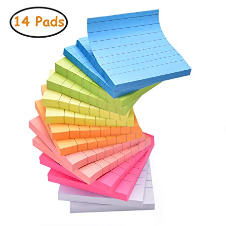 Sticky Note Pads 14 Pads Lined 3x3 inches Sticky Notes 7 Bright Colors Self-Stick Notes with Lines 80 Sheets/Pad Easy Post Individually Wrapped Red Pink Green White Yellow Orange Blue