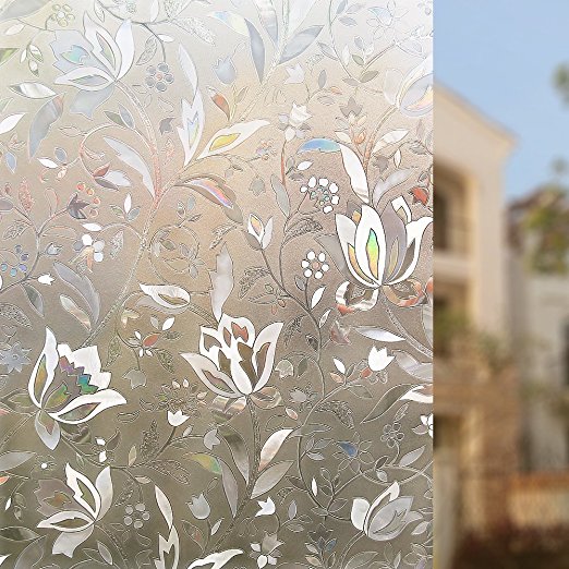 0.9M x 2M Rabbitgoo® 3D Non-Adhesive Static Illuminative Decorative Glass Window Film Sticker Anti-UV Tulip Flower Design