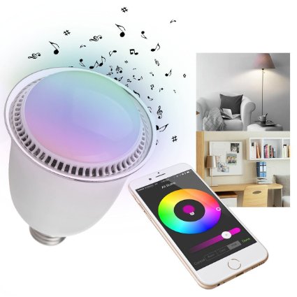 ieGeek® Smart Wireless Bluetooth Remote Control Color Changing Light Bulb RGB 5W E27/E26 LED Light Bulb Free APP Wireless Control 16 Color Changing with Music Audio Bluetooth Speaker Support iPhone, iPad, iOS, Samsung, Sony Android Smartphones (White)