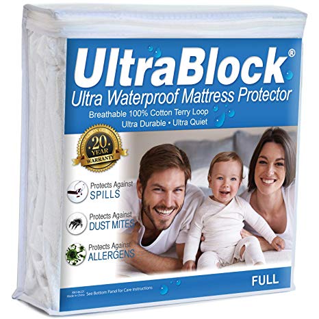 UltraBlock Full Size Waterproof Mattress Protector - Soft Cotton Terry Cover, Vinyl Free