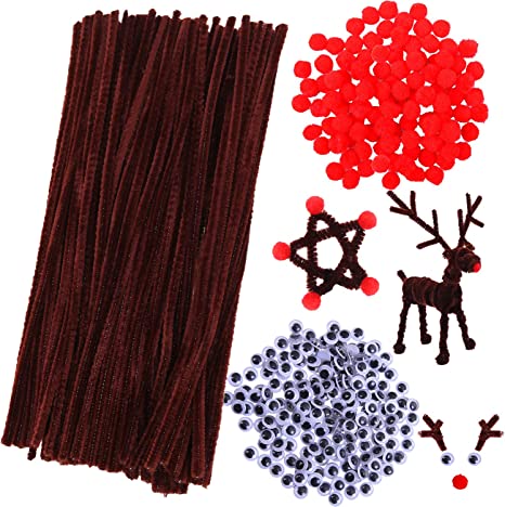 Cooraby 400 Pieces Christmas Pom Poms Fluffy Pompoms Brown Pipe Cleaners Chenille Stems Wiggle Googly Eyes for Christmas Reindeer Crafts DIY Making (Color A)