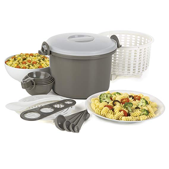 Prep Solutions by Progressive Microwaveable Rice and Pasta Cooker-16 Piece Set Includes Measuring Spoons and Cups, Rice Paddle, Steaming Insert, Pasta Measurer and Locking Lid-12 Cup Capacity BPA FREE