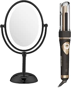 Conair Limited Edition Bundle | INFINITIPRO by CONAIR Curl Secret Automatic Curling Iron in 3/4-inch Barrel - and - Conair Lighted Makeup Mirror | Black | Amazon Exclusive