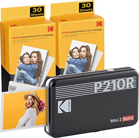 Kodak P210R Mini 2 Retro, Mini Photo Printer 2.1x3.4", 68 Photos Included, Wireless Bluetooth, Compatible With iOS & Android Smartphones, 4PASS Printing Technology, Black