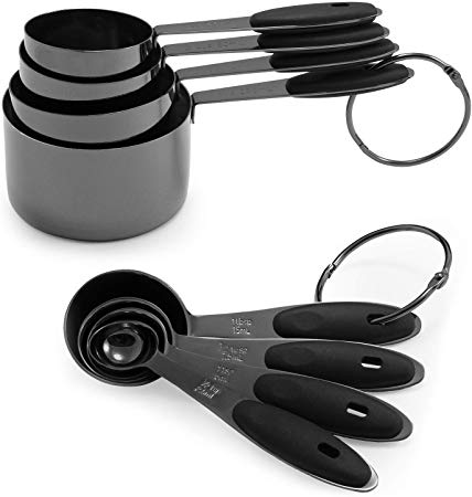 Country Kitchen 8-Piece Gunmetal Measuring Cups and Measuring Spoon Set Stainless Steel with Soft Touch Silicone Handles, Nesting Liquid Measuring Cup Set or Dry Measuring Cups Set (Black)