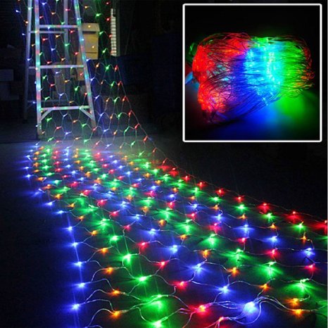 ActionFly Multi-Color Outdoor RGB 96 LED Net Mesh Fairy string Lights Twinkle Lighting With US Plug for Wedding Christmas Xmas Thanksgiving Party Events Home Roof Decor Tree-wrap Colorful