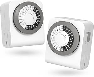 BN-LINK Indoor Dual Outlet Timers, Heavy-Duty Mechanical, 24-Hour, 3-Prong Design with 30-Minute Intervals for Lamps, Indoor Lighting, and Christmas Lights, White, 15A, 1875W, 2 Pack