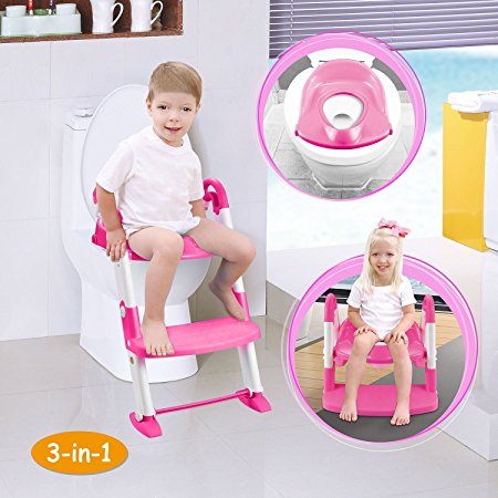 GPCT [Portable] 3-In-1 Kids Toddlers Potty Training Seat W/Step Stool. Sturdy, Comfortable, Safe, Built In Non-Slip Steps W/Anti-Slip Pads. Excellent Potty Seat Step Trainer- Boys/Girls/Baby- Pink