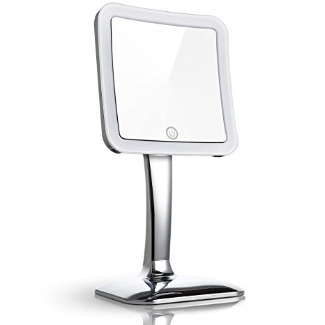 Miusco 7X Magnifying LED Lighted Tabletop Makeup Cosmetic Mirror, Touch Activated, 5.2 inch, Square, Chrome