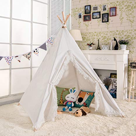AniiKiss 6' Giant Canvas Kids Play Teepee Children Tipi Anti-collapse Play Tent - White with Lace Edge