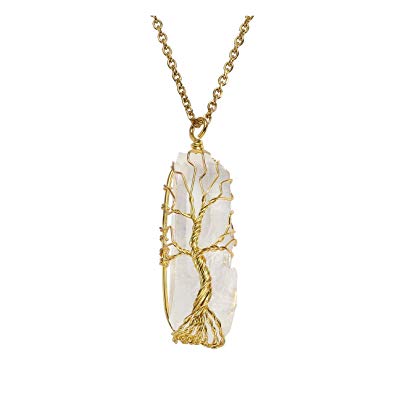 Jovivi Chakra Gemstone Tree of Life Wire Wrapped Natural Clear Quartz Healing Crystal Point Pendant Necklace
