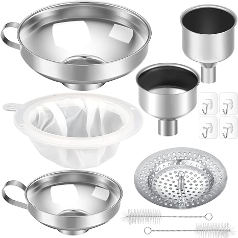 12 Pcs Stainless Steel Canning Funnel Set for Wide and Regular Narrow Mouth Mason Jars Kitchen Funnels Metal Canning Funnels with Strainer Mesh Filter Brushes and Adhesive Hooks