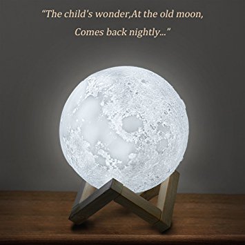 Night Light, Witmoving 3D Printing Moon Light with 3 Colors Dimmable Touch Control, Hanging Moon Light With Wood Holder for kids, Diameter 5.9 Inch