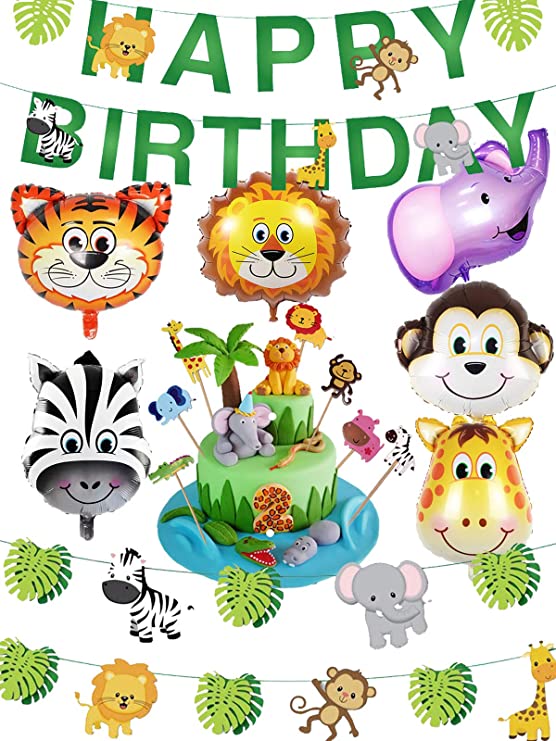 Safari Party Supplies Jungle Theme Birthday Party Decorations - Safari Animal Balloons, Zoo Animals Leaves Happy Birthday Banner, Animal Cake Toppers for Baby Shower, Kids 1st Birthday Decor