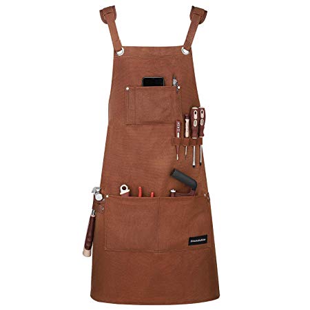 Housolution Work Apron, Premium Heavy Duty Waxed Canvas Tool Apron with Tool Pockets, Waterproof Oil-resistant, Padded Shoulder & Cross-Back Straps, Adjustable M to XXL, Brown