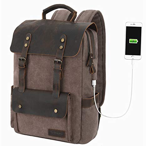 kopack Canvas Laptop Backpack Usb Charging 15.6 Inch Vintage Genuine Leather College Backpack