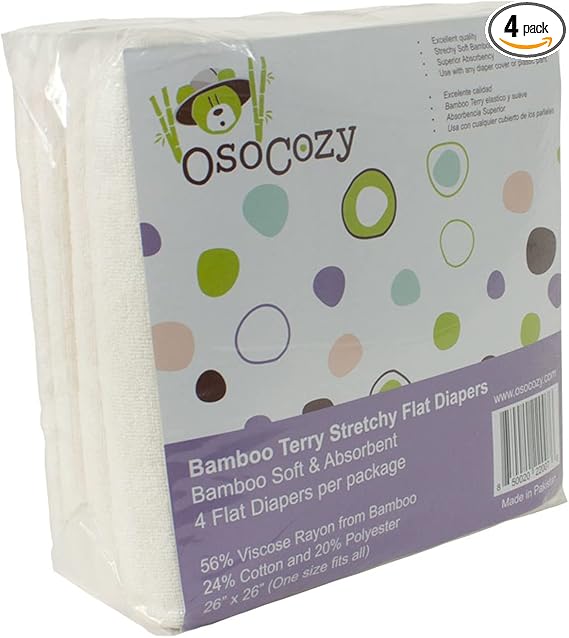 OsoCozy Stretchy Terry Flat Cloth Diapers (4 pk) - One Size Fits All 7-25 lbs. 26x26 Inch 1-Layered Cloth Nappies, Stretchy, Soft, Absorbent and Durable.