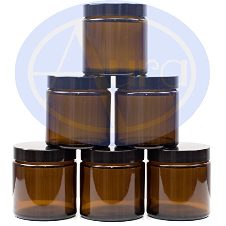 PACK of 6 - 120ml AMBER GLASS Jars with BLACK Lids for Essential Oil / Aromatherapy Use