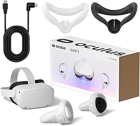 Oculus Quest 2 - Advanced All-in-One Virtual Reality Gaming Headset for Family Holiday - White - 256GB Video - Silicone Mask Pad   16 Feet USB Type-C Link Cable